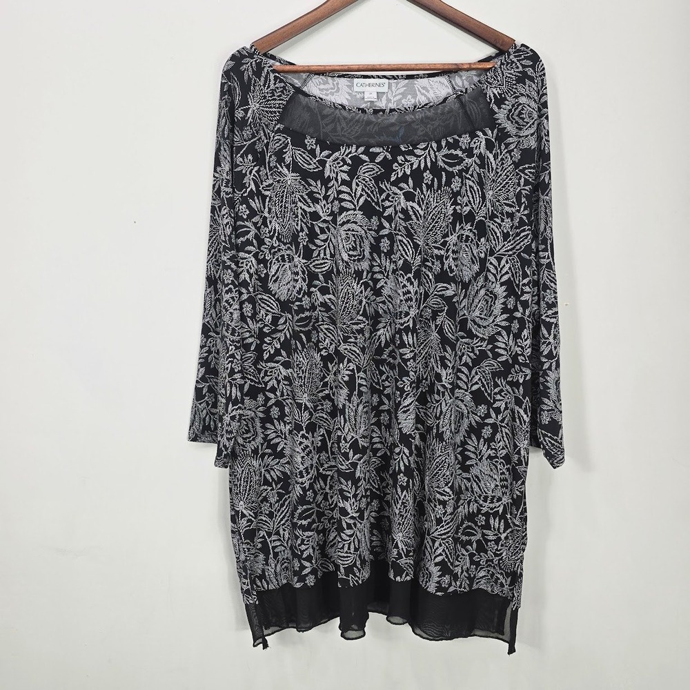 Catherines Tunic Top 2X Black White Botanical Mesh Trim 3/4 Sleeve Mature Office